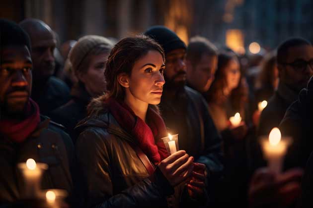 Eine Menschenmenge steht mit Kerzen in der Dunkelheit zusammen und bereitet die Messe, die sogenannte „Vigil“ vor.