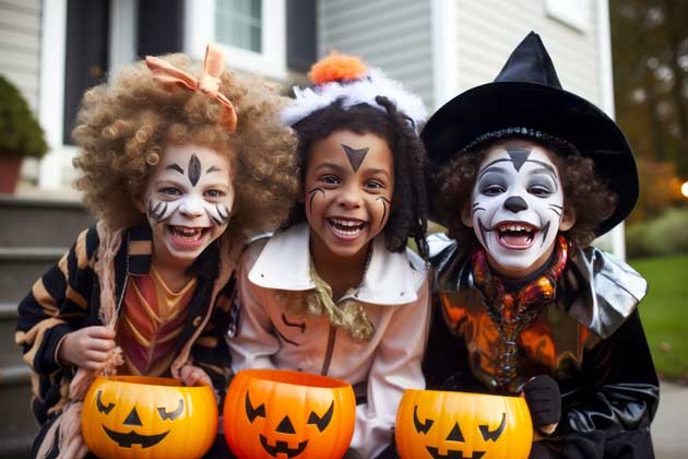 Drei geschminkte Kinder in Halloween-Kostümen lachen und freuen sich auf das Süßigkeiten sammeln.