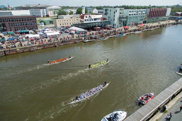 Lauftaufnahme von drei Booten, die in Bremerhaven beim Drachenboot Cup im Rennen gegeneinander antreten.