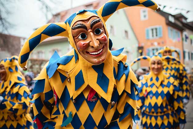 Zur Zeit des Karnevals laufen Menschen verkleidet als Jeck bzw. Narr (gelb-blau) durch die Straßen.
