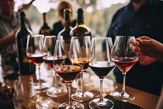 Mehrere Weingläser und Weinflaschen stehen auf einem Tisch, umringt von mehreren Personen.