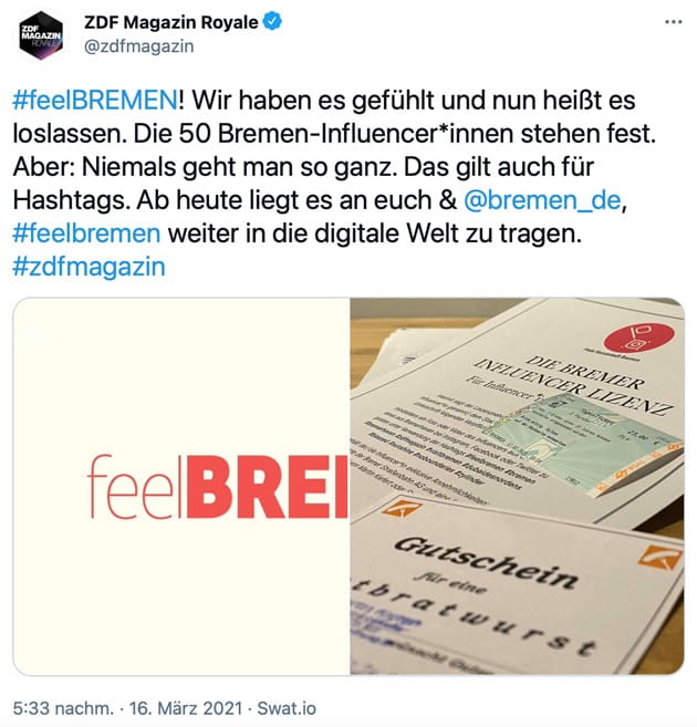 Der letzte Tweet des ZDF Magazin Royale zur #feelBREMEN Kampagne