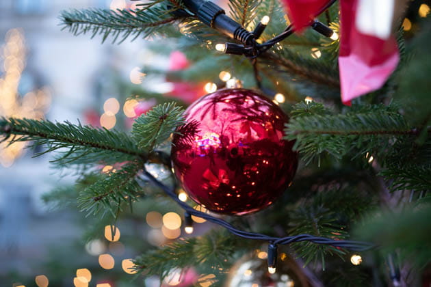 Nahaufnahme einer roten Weihnachtskugel in einem Weihnachtsbaum
