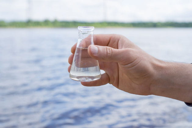 Eine männliche Hand hält einen kleinen Glaskolben mit einer Wasserprobe entnommen aus dem See im Hintergrund