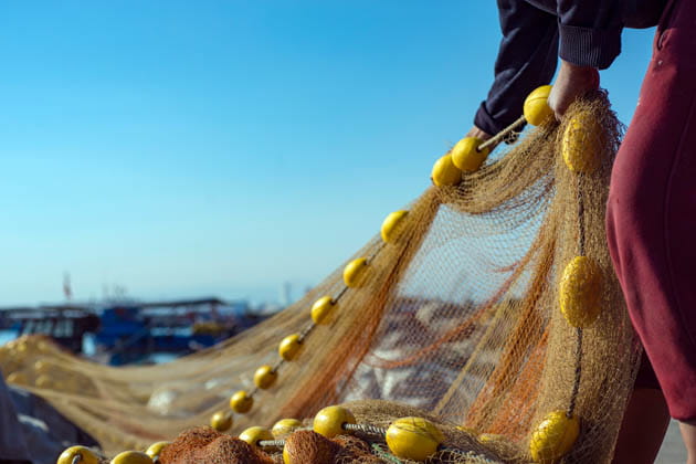 Nahaufnahme der Hände eines Fischer beim Einholen des Fischernetzes