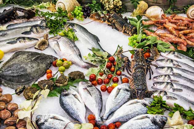 Frische, rohe Meeresfrüchte, die auf Eis gelegt auf der Theke in einem Restaurant ausgestellt sind