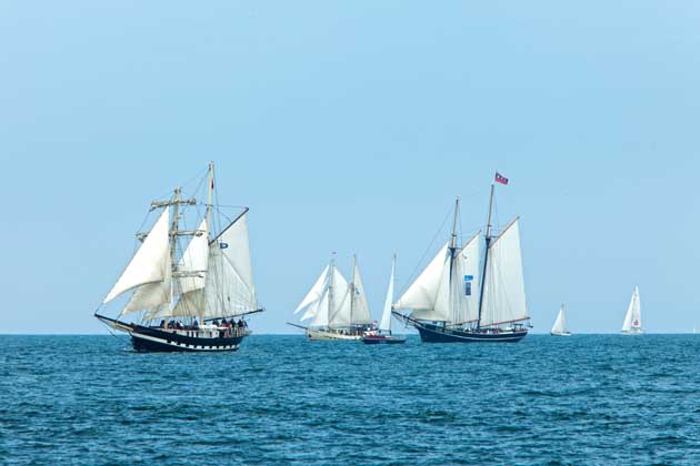 Mehrere große Segelschiffe segeln bei einem Hansetag über das offene Meer.