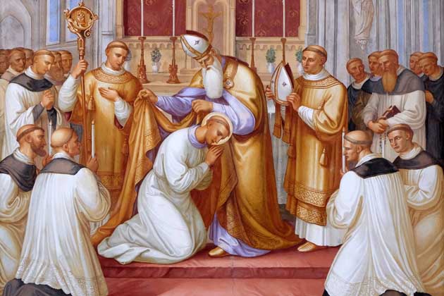 Sankt Martin als Bischof von Tours steht in der Kirche umringt von Anhängern.