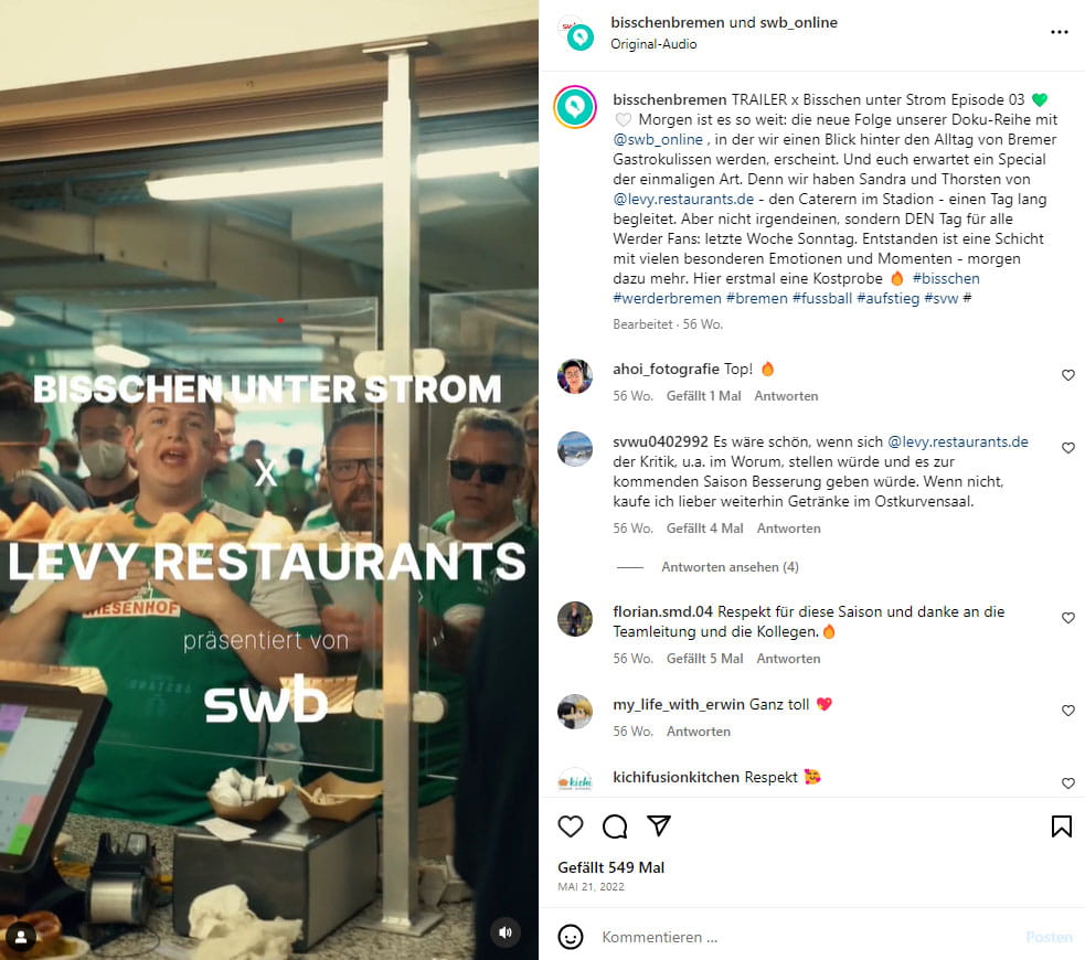 Screenshot vom swb-Instagram-Kanal von dem Beitrag Bisschen unter Strom mit Levy Restaurants.