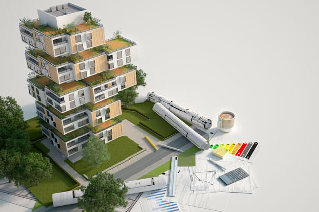 Planung und Modell eines nachhaltigen Gebäudes mit begrünten Terassen