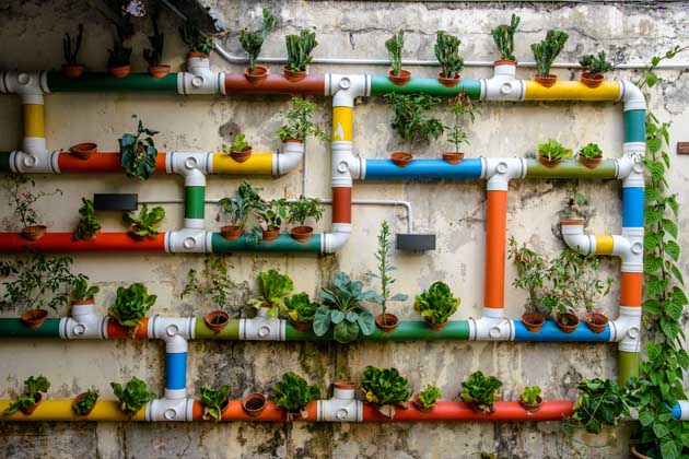 Urban Gardening - bunt angemalte Rohre gefüllt mit Gemüse an einer grauen Hauswand