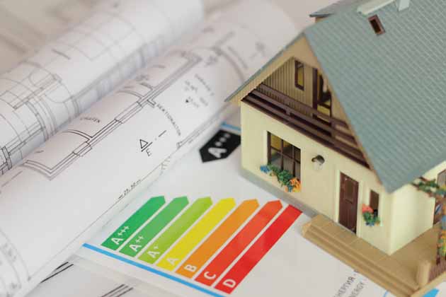 Ein Miniatur-Haus steht auf Bauplänen mit einer Energieeffizienz-Skala von A+++ bis D.