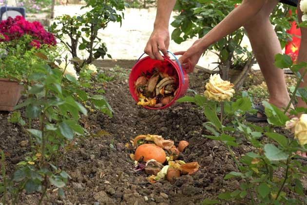Eine Person kippt Bioabfälle aus einem roten Eimer in den Garten, um den Boden mit Nährstoffen anzureichern.
