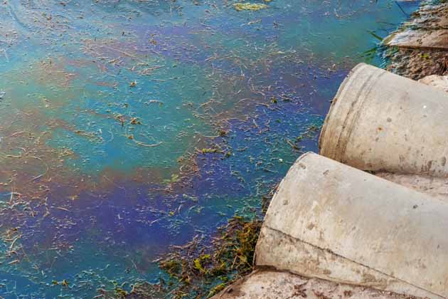 Zwei Steinrohre leiten Giftstoffe ins Wasser, was zur Wasserverschmutzung führt.