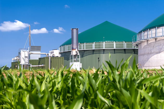 Das gewölbte Dach einer Biogasanlage im Grünen