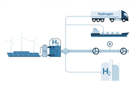 Illustration zur Wasserstoffproduktion aus erneuerbaren Energiequellen und Transport sowie Speicherungsmöglichkeiten