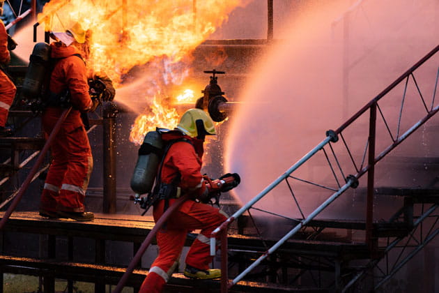 Feuerwehrleute löschen mit Wasserschläuchen das Feuer, das durch eine Gasexplosion entstanden ist.