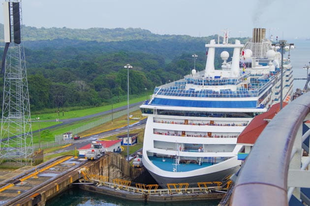 Ein großes, blau-weißes Kreuzfahrtschiff wird von den Gleisfahrzeugen der Miraflores-Schleusen durch den Panamakanal gezogen.