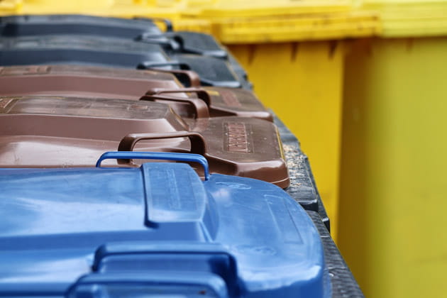 Verschiedenfarbige Mülltonnen eines Privathaushaltes in einer Reihe in Deutschland, die zur Mülltrennung verhelfen sollen