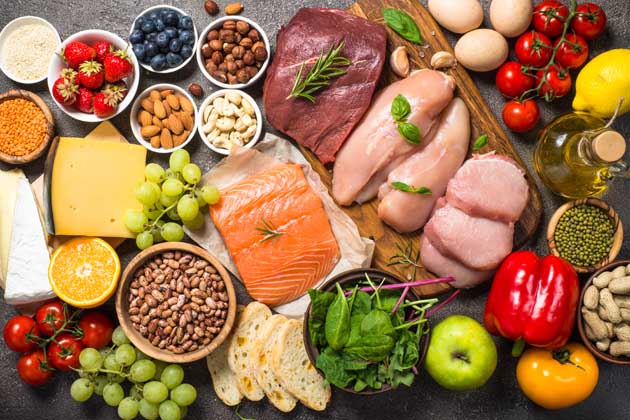 Blick von oben auf einen Tisch voller roher Lebensmittel von Fleisch und Fisch bis Nüsse, Obst und Gemüse