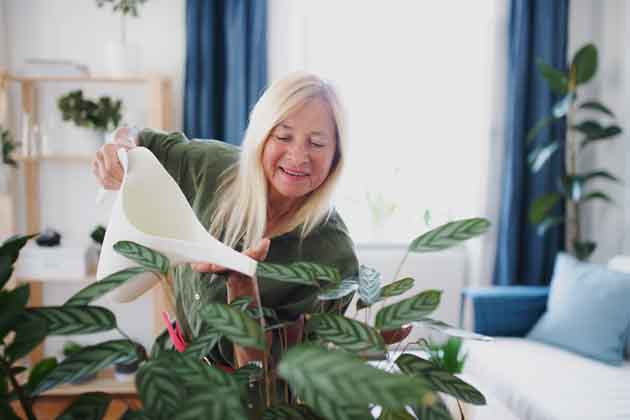 Eine blonde ältere Dame gießt die Pflanzen in ihrem Wohnzimmer.