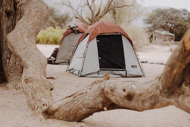 Zwei Zelte in der Wüste auf der Safari in Afrika stehen neben einem abgestorbenen Baum.