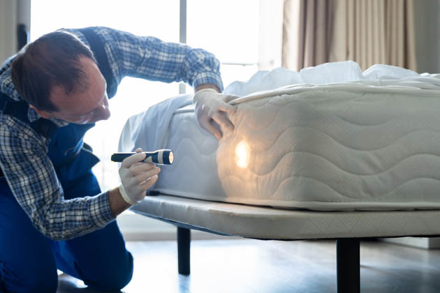 Ein professioneller Kammerjäger im Blaumann untersucht mit einer Taschenlampe eine Matratze auf Bettwanzen.