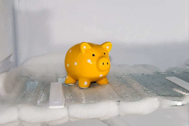 Ein kleines gelbes Sparschwein steht im mit Eis bedeckten Kühlschrank.