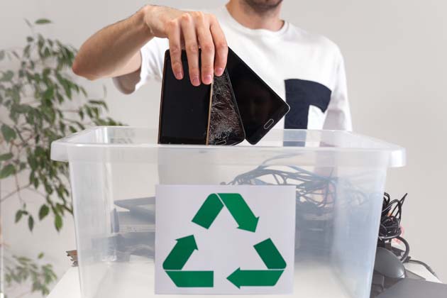 Ein Mann mit Elektroschrott hält 3 alte Smartphones über eine Sammelbox für Recycling.