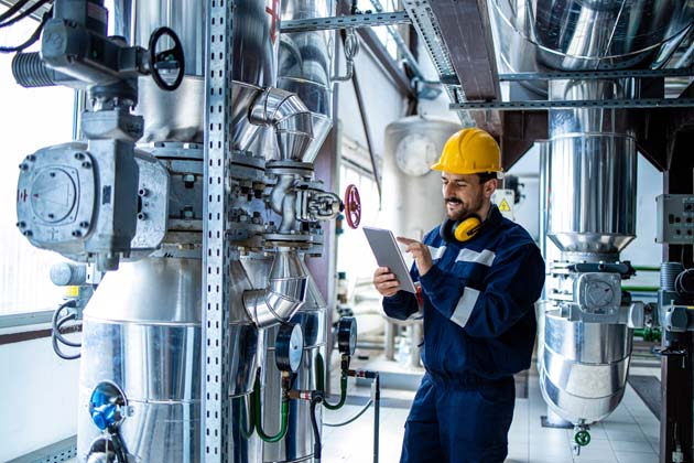 Ein Fabrikarbeiter nimmt Kontrollen an Inneres eines Heizkraftwerkes mit Rohren und Ventilen vor.