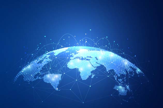 Blaue Erdkugel mit Linien, die die ganze Welt verbinden und eine Visualisierung des World Wide Webs zeigen.
